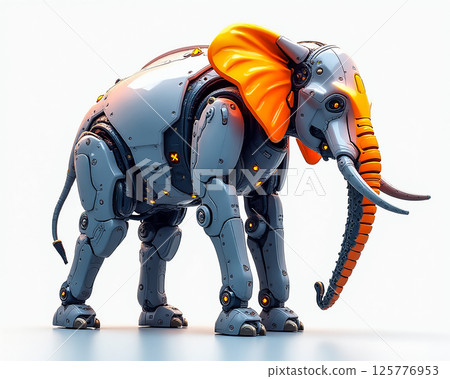 Mechanical elephant stands in a futuristic design showcasing innovative robotics and engineering concepts in a creative environment Mechanical elephant stands in a futuristic design showcasing innovative robotics and engineering concepts in a creative environment 125776953