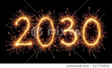 Celebratory display of 2030 in sparkling lights highlighting New Year festivities and future hopes 125776958