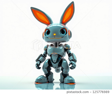 Futuristic robotic rabbit character standing upright with vibrant colors and expressive features in a bright environment Futuristic robotic rabbit character standing upright with vibrant colors and expressive features in a bright environment 125776989