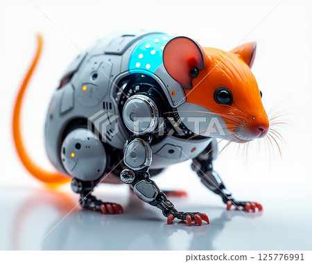 Futuristic robotic mouse with orange fur interacting in a modern setting 125776991