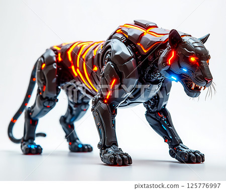 Futuristic robotic panther figure with glowing accents poses on a neutral background 125776997