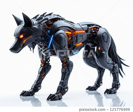 Robotic wolf model showcasing intricate design and vibrant lighting in a studio setting Robotic wolf model showcasing intricate design and vibrant lighting in a studio setting 125776999
