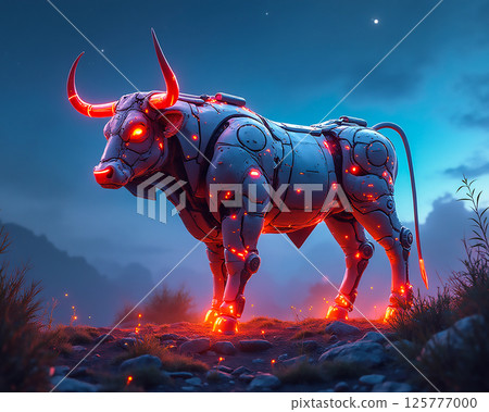 Robot bull stands majestically on a rocky terrain at twilight, showcasing glowing features and futuristic design 125777000