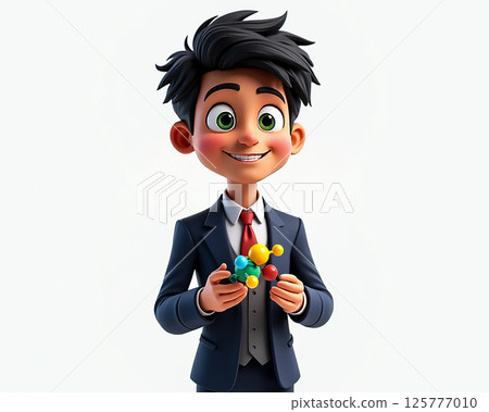 Young scientist with a molecular model smiles proudly while wearing a suit at a science fair 125777010