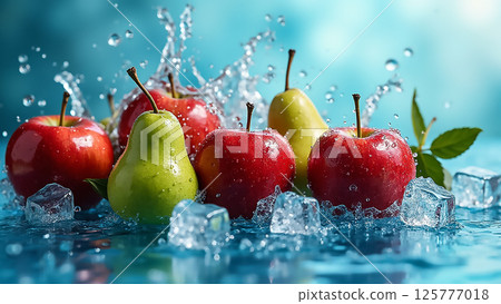 Fresh apples and pears splashing into water with ice cubes under bright light 125777018