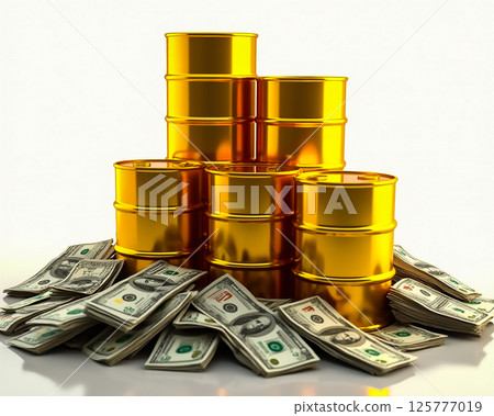 Stacked golden barrels surrounded by bundles of cash on a white background highlighting wealth and prosperity 125777019