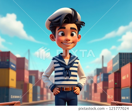 Sailor character standing proudly in a vibrant harbor with shipping containers during a sunny day 125777024