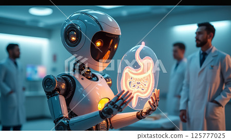 Robot explores digestive system model in medical research lab with scientists observing Robot explores digestive system model in medical research lab with scientists observing 125777025