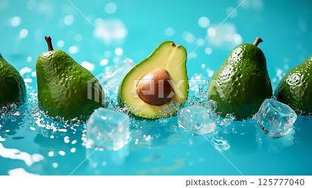 Fresh avocados cut open on ice with splashes of water against a vibrant blue background 125777040