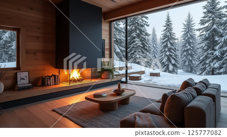 Modern cabin living room with cozy fireplace and snowy forest view during winter 125777082