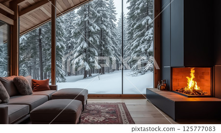 Cozy winter retreat with a warm fireplace and snowy forest view in a modern cabin setting Cozy winter retreat with a warm fireplace and snowy forest view in a modern cabin setting 125777083