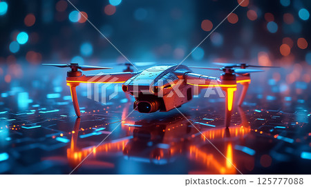 Innovative drone technology showcased with glowing features in futuristic environment Innovative drone technology showcased with glowing features in futuristic environment 125777088