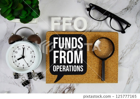 FFO - Funds From Operations acronym with alarm clock and magnifying glass, business concept background 125777165