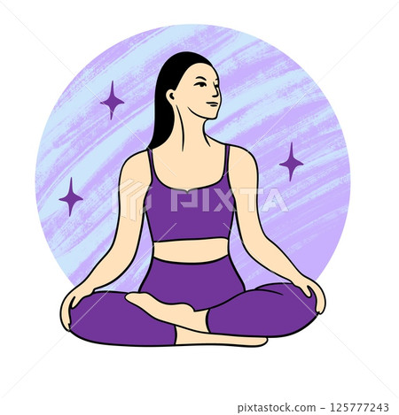 Hand drawn illustration of woman yoga meditation training. Fit fitness pilates female body sport, sportswear elegant healthy people gymnastics, workout exercise. 125777243