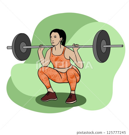 Hand drawn illustration of fitness training woman. Physical exercises gym session working out, modern sport art, confident fit female, weightlifting bodybuilding muscles, young girl athletic. Hand drawn illustration of fitness training woman. Physical exercises gym session working out, modern sport art, confident fit female, weightlifting bodybuilding muscles, young girl athletic. 125777245