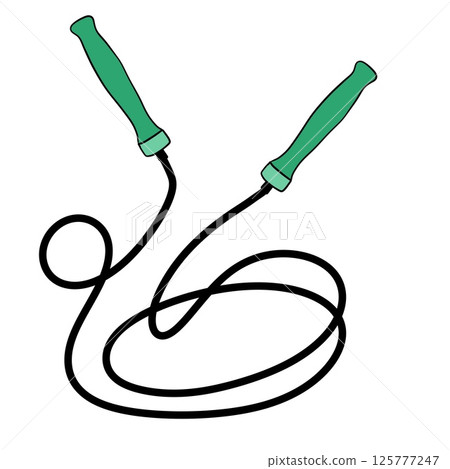 Hand drawn illustration of skipping rope jump jumping equipment. Gym workout sport fit leisure health, exercise training, cardio athletic black cord modern energy. 125777247