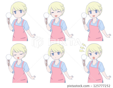 一位金髮女子穿著圍裙，手拿一張簡單的標語牌，上面有六種面部表情 125777252