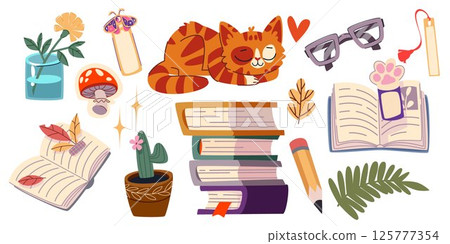 Books and sleeping cat set isolated on white 125777354