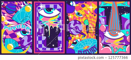 Psychedelic retro posters set with abstract shapes 125777366