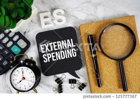 ES - External Spending acronym with calculator, alarm clock and magnifying glass, Business and Financial concept background ES - External Spending acronym with calculator, alarm clock and magnifying glass, Business and Financial concept background 125777387