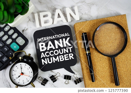 IBAN - International Bank Account Number acronym with calculator, alarm clock and magnifying glass, Business and Financial concept background 125777390