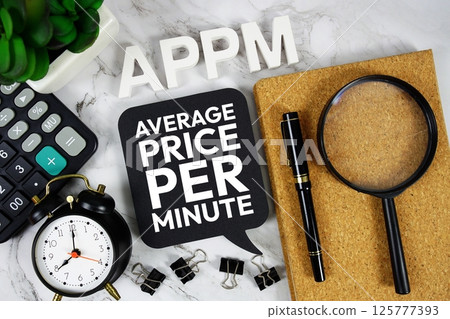 APPM - Average Price Per Minute acronym with calculator, alarm clock and magnifying glass, Business concept background 125777393