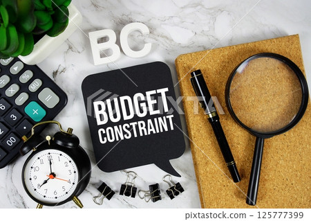 BC - Budget Constraint acronym with calculator, alarm clock and magnifying glass, business and marketing concept background BC - Budget Constraint acronym with calculator, alarm clock and magnifying glass, business and marketing concept background 125777399