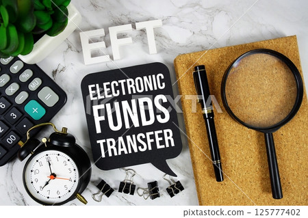 EFT - Electronic Funds Transfer acronym with calculator, alarm clock and magnifying glass, Business concept background 125777402