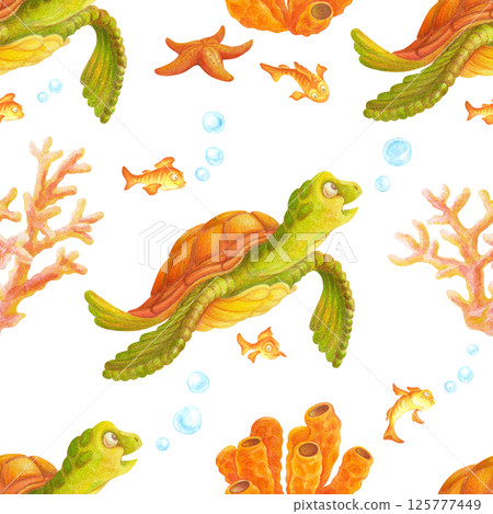 Seamless fragment of underwater world pattern with hand drawn sea turtle, fish, corals, starfish and bubbles. Endless summer ornament for bedding, fabric, wallpaper, wrapping paper, textile or prints 125777449