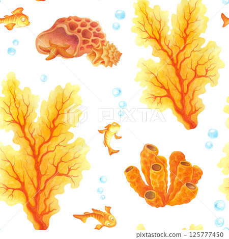 Repeating piece of summer seamless pattern with watercolor fish, corals, seaweed, starfish, shells and bubbles. Endless undersea life print for bedding, fabric, wallpaper, wrapping paper and textile 125777450