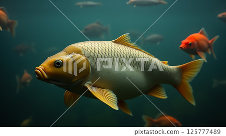 Large golden fish swims among smaller fish in a tranquil underwater environment during daylight 125777489