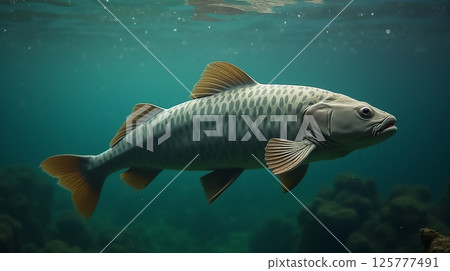 Swimming fish in clear water showcasing unique markings and fins under natural light Swimming fish in clear water showcasing unique markings and fins under natural light 125777491