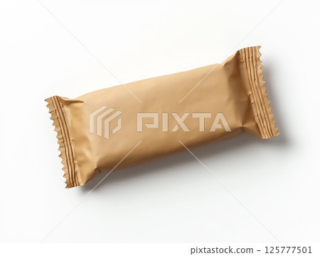 Wrapped snack bar resting on a clean white surface highlighting its simple packaging design and texture Wrapped snack bar resting on a clean white surface highlighting its simple packaging design and texture 125777501