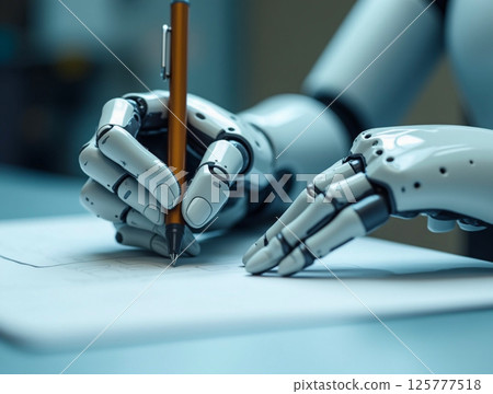 Robotic hands demonstrating advanced writing skills with a pen on paper in a modern workspace Robotic hands demonstrating advanced writing skills with a pen on paper in a modern workspace 125777518