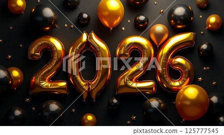 Celebration of the New Year with golden balloons and decorations for 2026 Celebration of the New Year with golden balloons and decorations for 2026 125777545