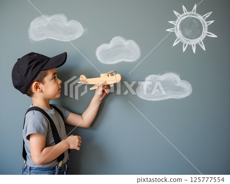 Young child plays with a wooden airplane against a chalkboard background of clouds and a sun Young child plays with a wooden airplane against a chalkboard background of clouds and a sun 125777554