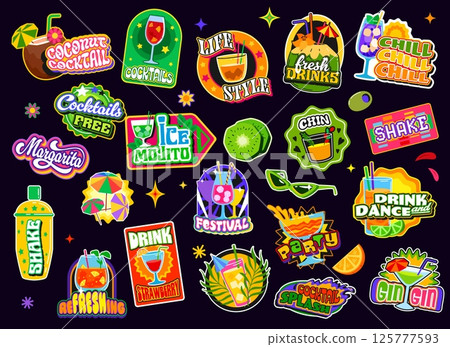 Fresh cocktail y2k groovy stickers, juice and drinks funky patch labels. Alcohol and fruit juice drinks vector badges with y2k groovy glasses, ice and fruits. Cocktail bar party retro stickers set 125777593