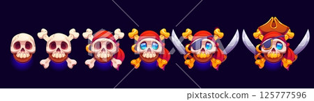 Rating pirate game rank badges and corsair level progress stages, vector GUI asset elements. Cartoon skull crossbones in pirate tricorn hat and bandana for progress stage and game rank badges 125777596