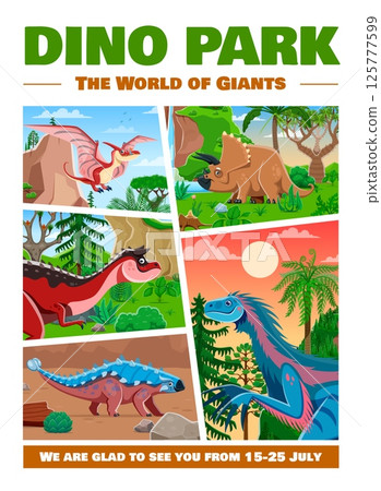 Dino park retro poster or flyer with cartoon prehistoric dinosaur characters collage. Paleontology dino park vector poster with pteranodon, triceratops, carnotaurus and therizinosaurus, ankylosaurus 125777599