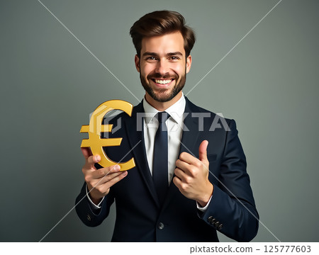 Businessman celebrating financial success while holding a euro symbol in a professional suit against a neutral background 125777603