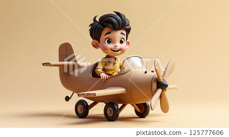 Child enjoys playful moment in a wooden airplane with a bright smile and joyful expression 125777606