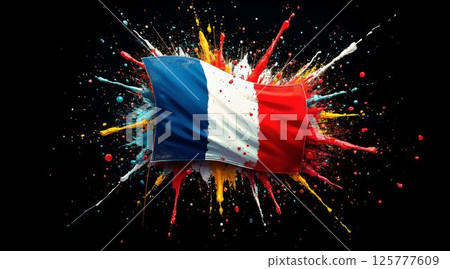 Vibrant splash of colors behind the French flag celebrating national pride and artistic expression Vibrant splash of colors behind the French flag celebrating national pride and artistic expression 125777609