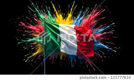 Vibrant explosion of colors behind the Italian flag symbolizing national pride and culture Vibrant explosion of colors behind the Italian flag symbolizing national pride and culture 125777610