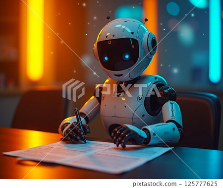 Robot sits at table writing on papers in a dimly lit room with colorful lights in the background 125777625