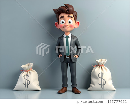 Young businessperson stands confidently between bags of money in a professional setting conveying success and ambition 125777631