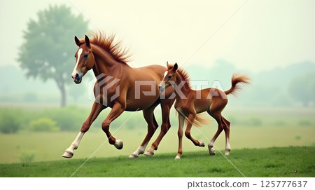 Mother horse and foal running together in a serene pasture at sunrise 125777637