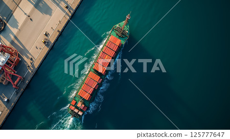 Container ship navigating through a busy port in bright sunlight, showcasing maritime logistics and transportation activities Container ship navigating through a busy port in bright sunlight, showcasing maritime logistics and transportation activities 125777647