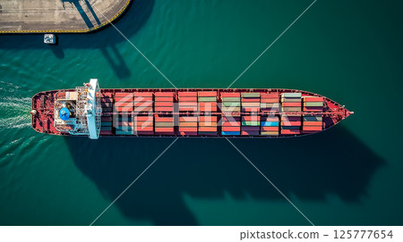 Container ship navigates calm waters at a busy port with colorful cargo at sunrise Container ship navigates calm waters at a busy port with colorful cargo at sunrise 125777654