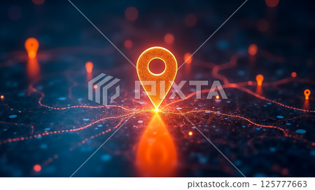 Digital map marker glowing in a network of connected pins showcasing location data in a futuristic cityscape at night 125777663
