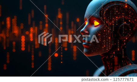 Robot head with glowing eyes and data stream background creating a futuristic atmosphere 125777671